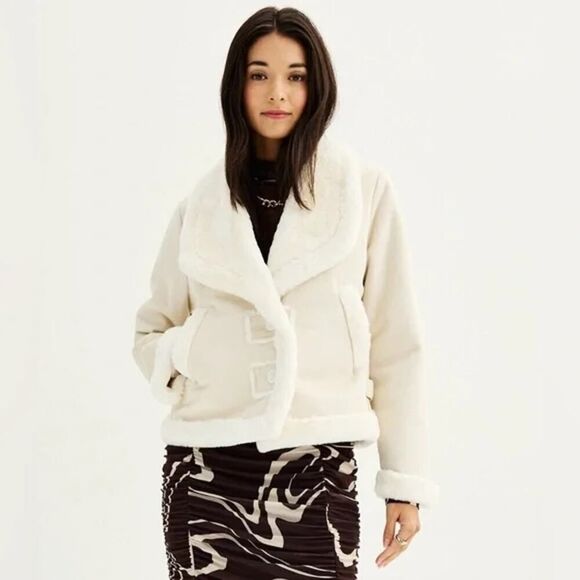 Nine West Faux Sued Aviator Jacket Ivory Super Cozy Front Buttons NWT Size XL - Picture 2 of 13